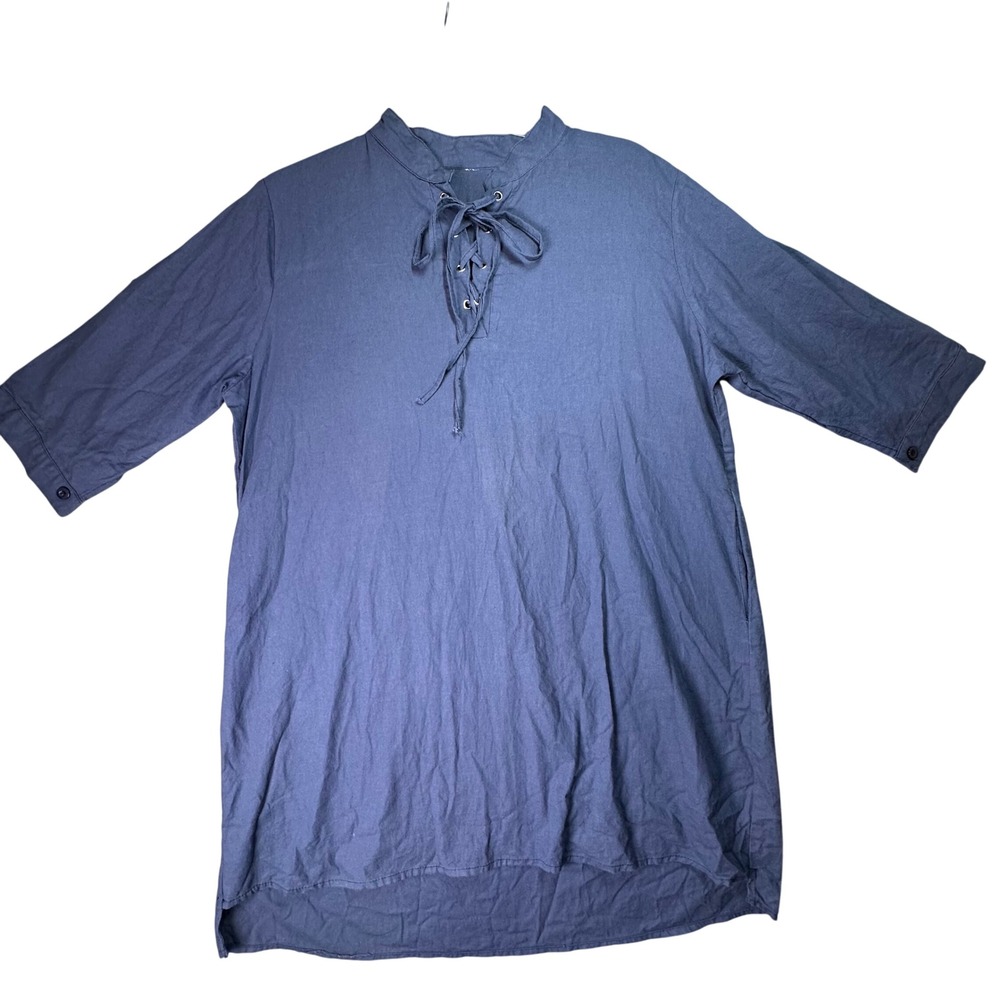 Lace Up Tunic Top Blue Boho Lagenlook Peasant Renaissance Breezy Pocket Shirt XL
